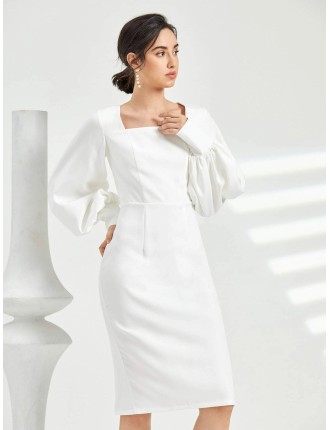 Square Neck Bishop Sleeve Slit Back Fitted Dress