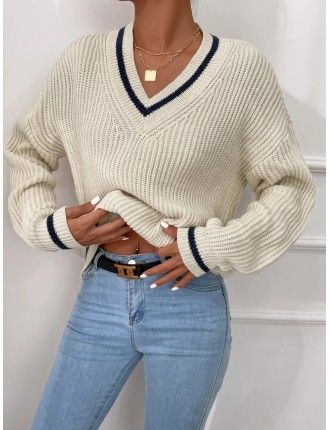 Frenchy Striped Trim Drop Shoulder Cricket Sweater