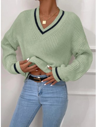 Frenchy Striped Trim Drop Shoulder Cricket Sweater