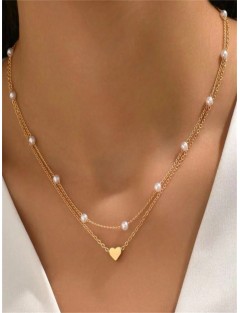 Double-Layered Pearl Heart Necklace